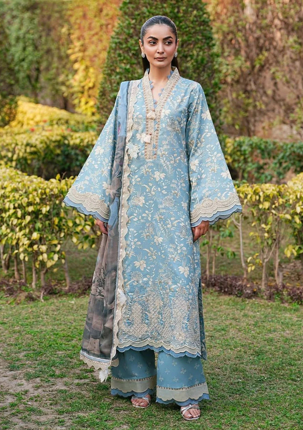Zarqash Muted Teal 3 Piece Unstitched Embroidered Lawn Suit